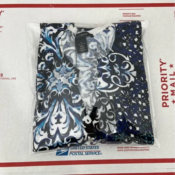 White House Black Market Navy Printed Bright Pattern Snap Front Cardigan Sweater - Picture 8 of 8